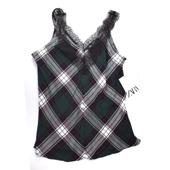 Zara NWT Plaid Lace Camisole Small Green Red Black Tank - Picture 11 of 13
